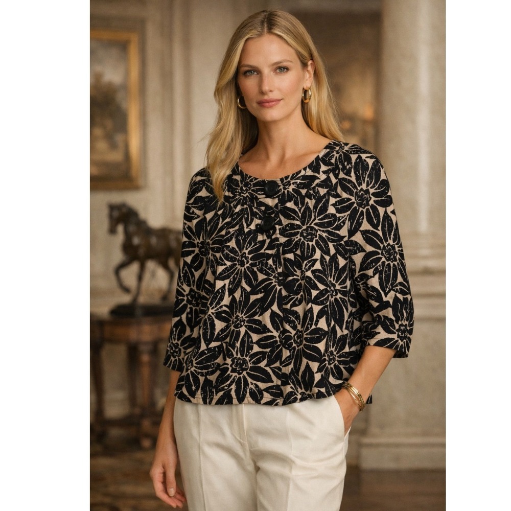 Michael Kors Linen Blend Floral Print Blazer Jacket Women Large Black Beige